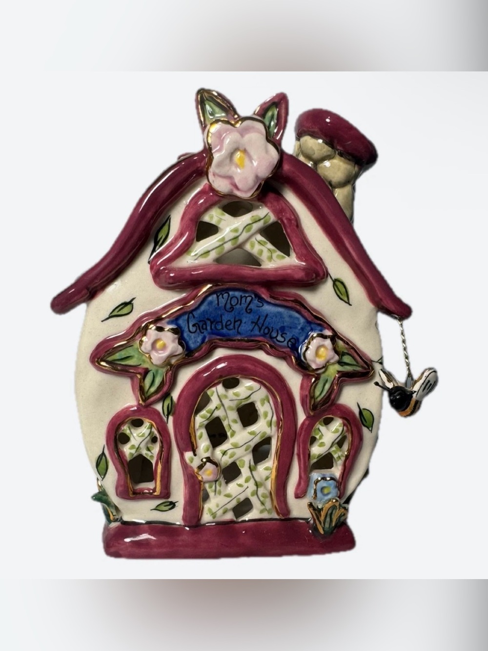 Hand-Painted Ceramic 'Mom's Garden House' tea-light holder 🐝 2004